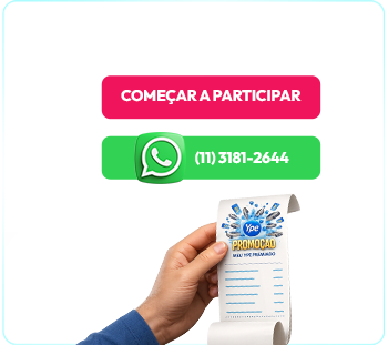 Mão segurando cupom fiscal, com botões para começar a participar da Promoção Meu Ypê Premiado e entrar em contato pelo WhatsApp no número (11) 3181-2644.