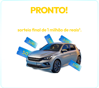 Banner da Promoção Meu Ypê Premiado informando a participação em prêmios instantâneos de 500 reais, 10 carros zero-quilômetro e sorteio final de 1 milhão de reais, com imagem de um carro e notas de 500 reais.