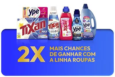 Banner da Promoção Meu Ypê Premiado com produtos Ypê e texto Duas vezes mais chances de ganhar com a linha de roupas.
